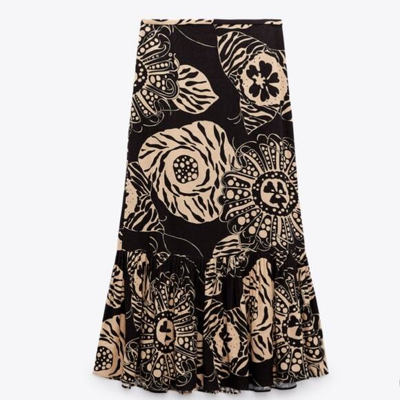 ZARA Printed Linen Blend Wrap Top & Maxi Skirt Ruffles Brown & Cream Size XS - Picture 11 of 11